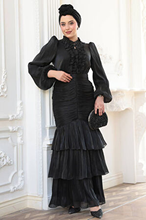 Fırfır Detaylı Siyah Tesettür Abiye Elbise 50271S