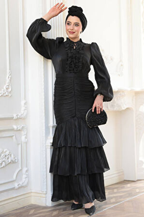 Fırfır Detaylı Siyah Tesettür Abiye Elbise 50271S