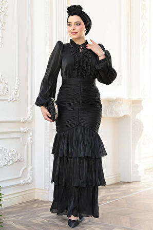 Fırfır Detaylı Siyah Tesettür Abiye Elbise 50271S