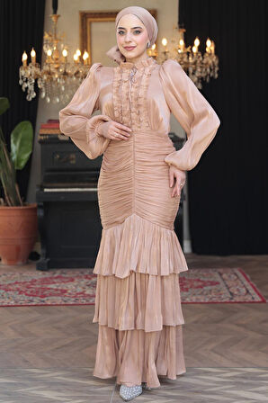 Fırfır Detaylı Bisküvi Tesettür Abiye Elbise 50271BS