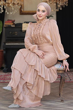Fırfır Detaylı Bisküvi Tesettür Abiye Elbise 50271BS