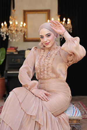 Fırfır Detaylı Bisküvi Tesettür Abiye Elbise 50271BS