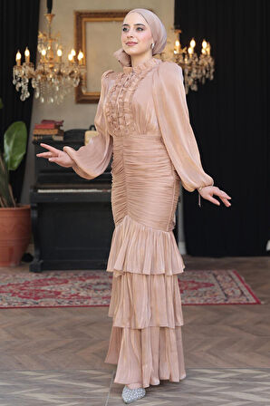 Fırfır Detaylı Bisküvi Tesettür Abiye Elbise 50271BS