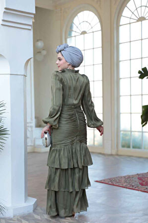 Fırfır Detaylı Haki Tesettür Abiye Elbise 50271HK