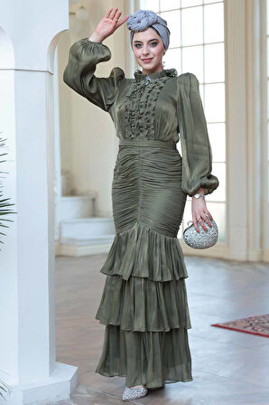 Fırfır Detaylı Haki Tesettür Abiye Elbise 50271HK