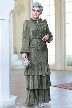 Fırfır Detaylı Haki Tesettür Abiye Elbise 50271HK