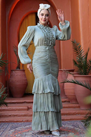 Fırfır Detaylı Mint Tesettür Abiye Elbise 50271MINT