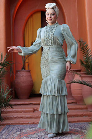 Fırfır Detaylı Mint Tesettür Abiye Elbise 50271MINT