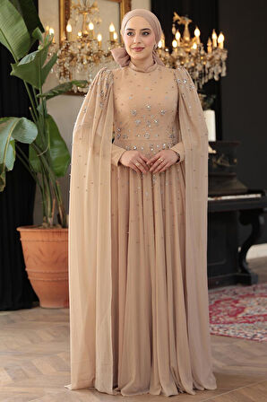 Pelerin Detaylı Vizon Tesettür Abiye Elbise 51171V