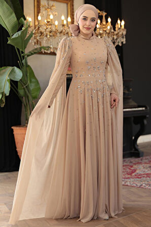 Pelerin Detaylı Vizon Tesettür Abiye Elbise 51171V
