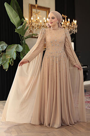 Pelerin Detaylı Vizon Tesettür Abiye Elbise 51171V
