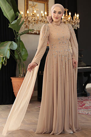 Pelerin Detaylı Vizon Tesettür Abiye Elbise 51171V