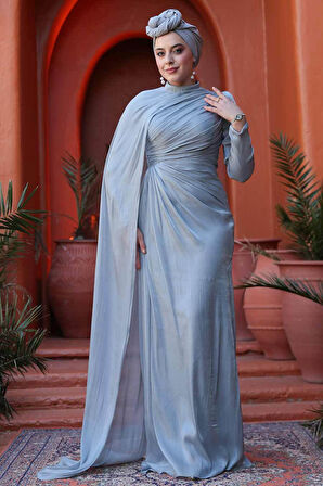 Pelerin Detaylı Gri Tesettür Abiye Elbise 52142GR