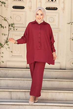 Düğmeli Bordo Tesettür İkili Takım 67751BR