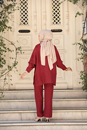 Düğmeli Bordo Tesettür İkili Takım 67751BR