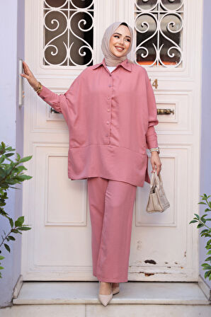 Düğmeli Gül Kurusu Tesettür İkili Takım 67751GK