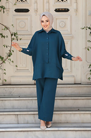 Düğmeli Petrol Mavisi Tesettür İkili Takım 67751PM