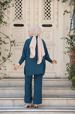 Düğmeli Petrol Mavisi Tesettür İkili Takım 67751PM