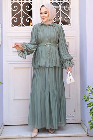 Pileli Çağla Yeşili Tesettür Etekli İkili Takım 4478CY