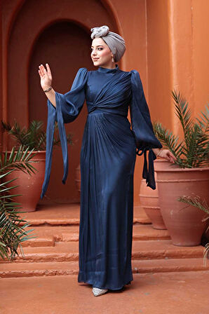 Drape Detaylı Lacivert Tesettür Abiye Elbise 52285L
