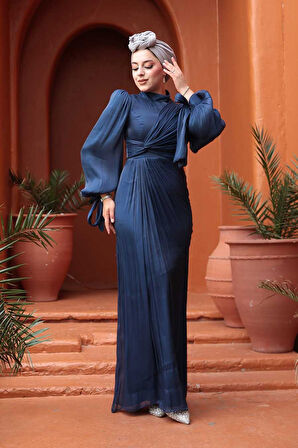 Drape Detaylı Lacivert Tesettür Abiye Elbise 52285L