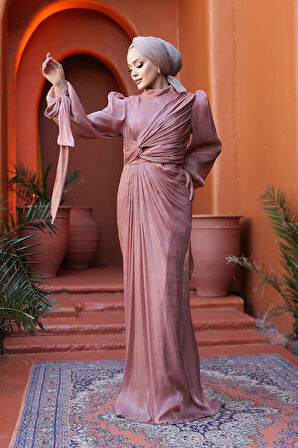 - Drape Detaylı Bakır Tesettür Abiye Elbise 52285BKR