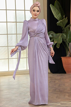 Drape Detaylı Lila Tesettür Abiye Elbise 52285LILA