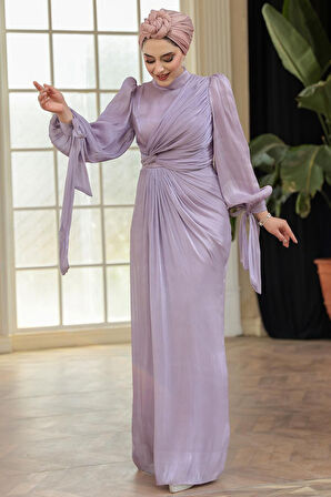 Drape Detaylı Lila Tesettür Abiye Elbise 52285LILA