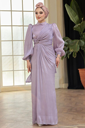 Drape Detaylı Lila Tesettür Abiye Elbise 52285LILA