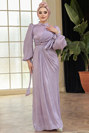 Drape Detaylı Lila Tesettür Abiye Elbise 52285LILA