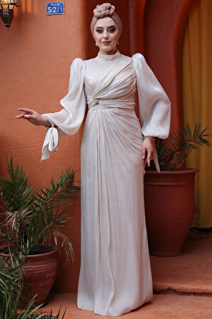 Drape Detaylı Taş Tesettür Abiye Elbise 52285TAS