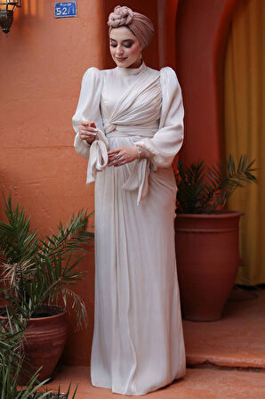 Drape Detaylı Taş Tesettür Abiye Elbise 52285TAS