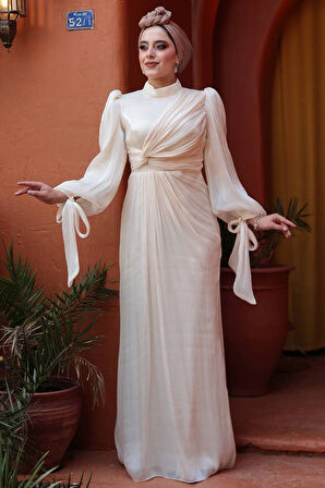 Drape Detaylı Krem Tesettür Abiye Elbise 52285KR