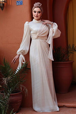 Drape Detaylı Krem Tesettür Abiye Elbise 52285KR