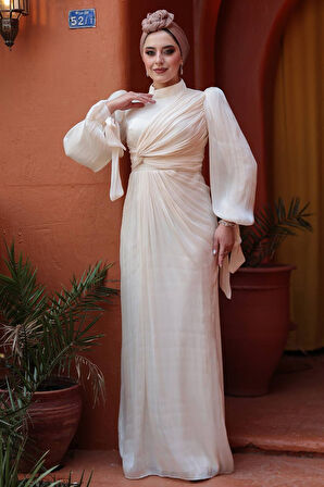 Drape Detaylı Krem Tesettür Abiye Elbise 52285KR