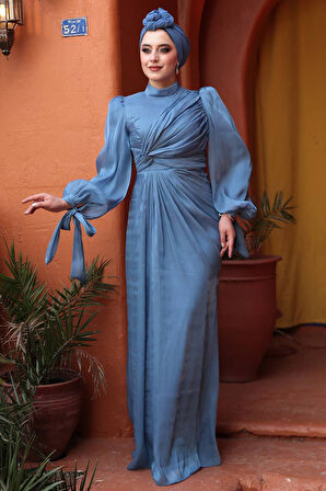 Drape Detaylı İndigo Mavisi Tesettür Abiye Elbise 52285IM