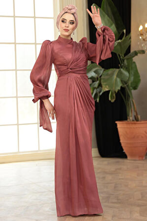 - Drape Detaylı Gül Kurusu Tesettür Abiye Elbise 52285GK