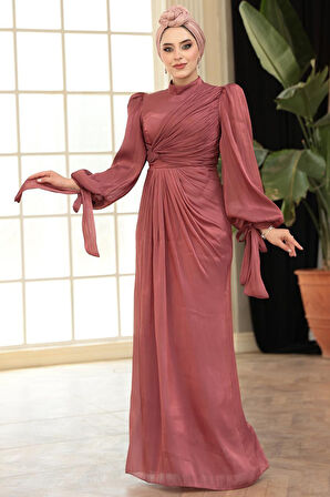 - Drape Detaylı Gül Kurusu Tesettür Abiye Elbise 52285GK