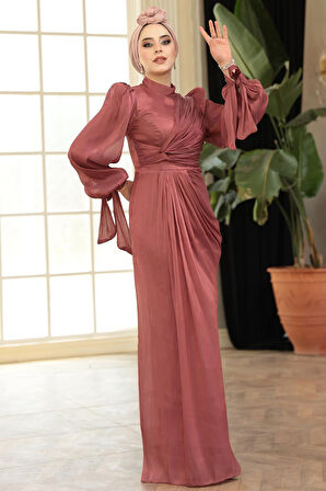 - Drape Detaylı Gül Kurusu Tesettür Abiye Elbise 52285GK