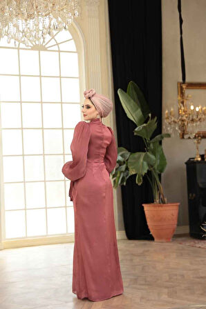 - Drape Detaylı Gül Kurusu Tesettür Abiye Elbise 52285GK