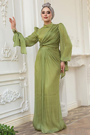 Drape Detaylı Çağla Yeşili Tesettür Abiye Elbise 52285CY