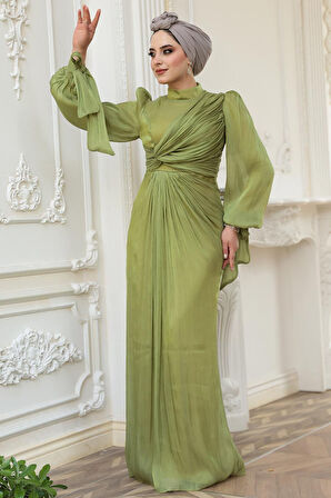 Drape Detaylı Çağla Yeşili Tesettür Abiye Elbise 52285CY