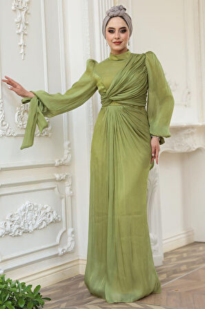Drape Detaylı Çağla Yeşili Tesettür Abiye Elbise 52285CY