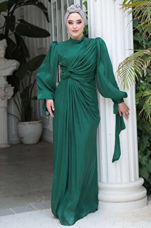 Drape Detaylı Zümrüt Yeşili Tesettür Abiye Elbise 52285ZY