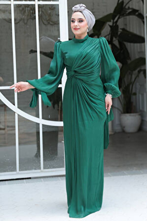 Drape Detaylı Zümrüt Yeşili Tesettür Abiye Elbise 52285ZY