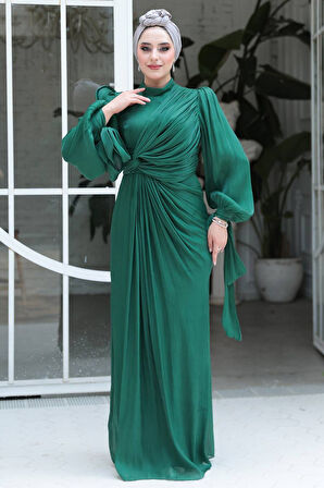 Drape Detaylı Zümrüt Yeşili Tesettür Abiye Elbise 52285ZY
