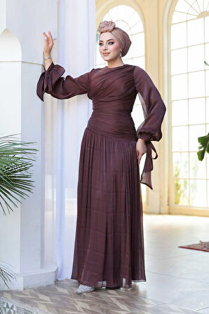 Drape Detaylı Kahverengi Tesettür Abiye Elbise 53631KH