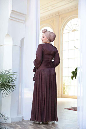 Drape Detaylı Kahverengi Tesettür Abiye Elbise 53631KH