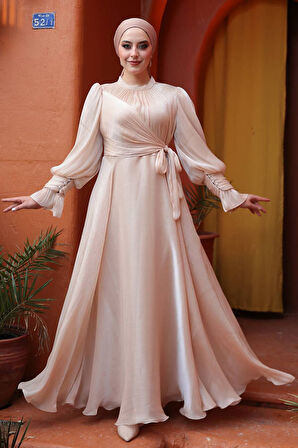Bağlama Detaylı Ten Tesettür Abiye Elbise 48051TEN