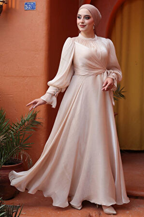 Bağlama Detaylı Ten Tesettür Abiye Elbise 48051TEN